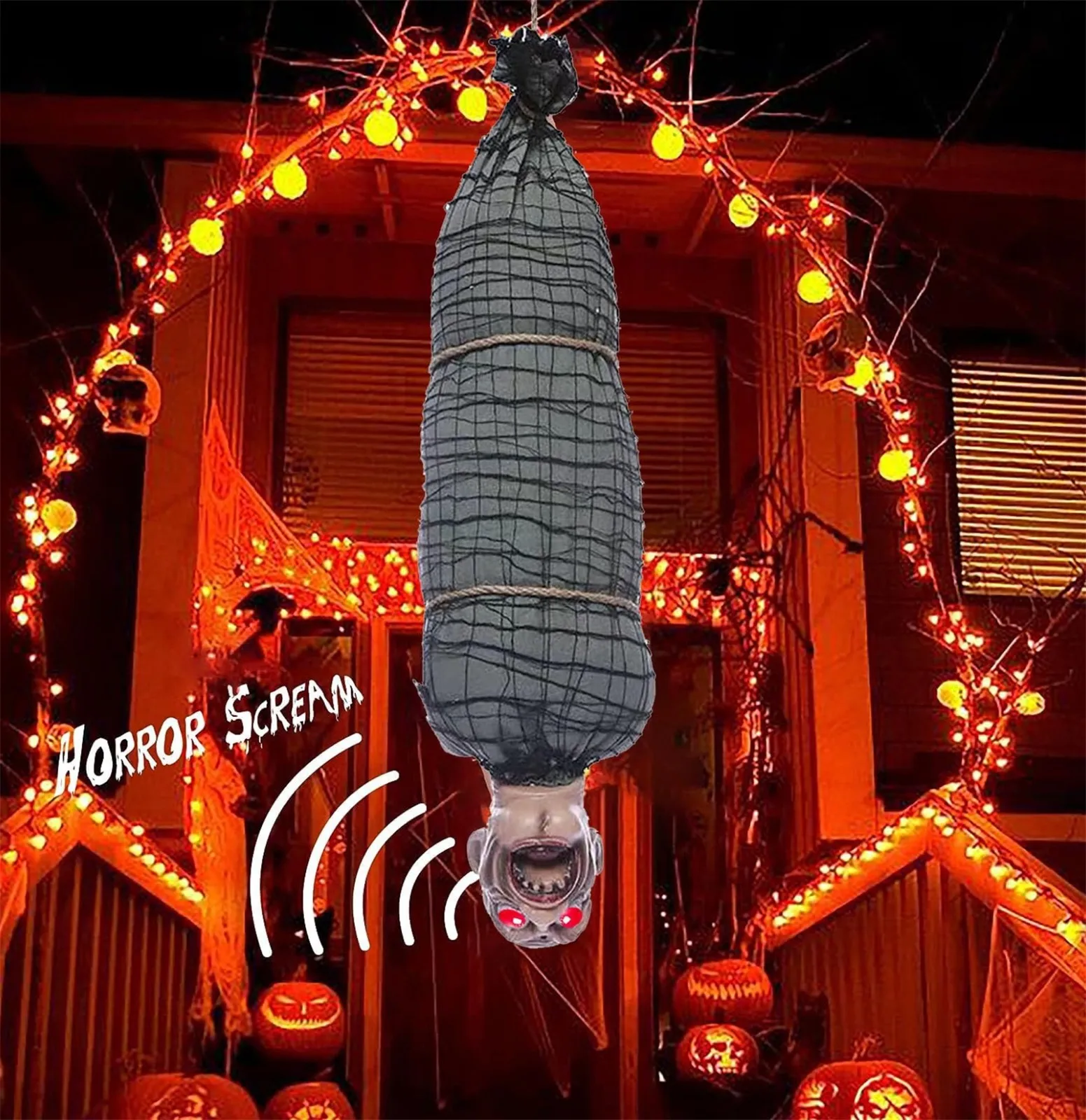 2.46 Ft Halloween Hanging Animated Corpse With LED Light Up Eyes Talking & Shaking Scary Ghost Sound Effect For Halloween Decor