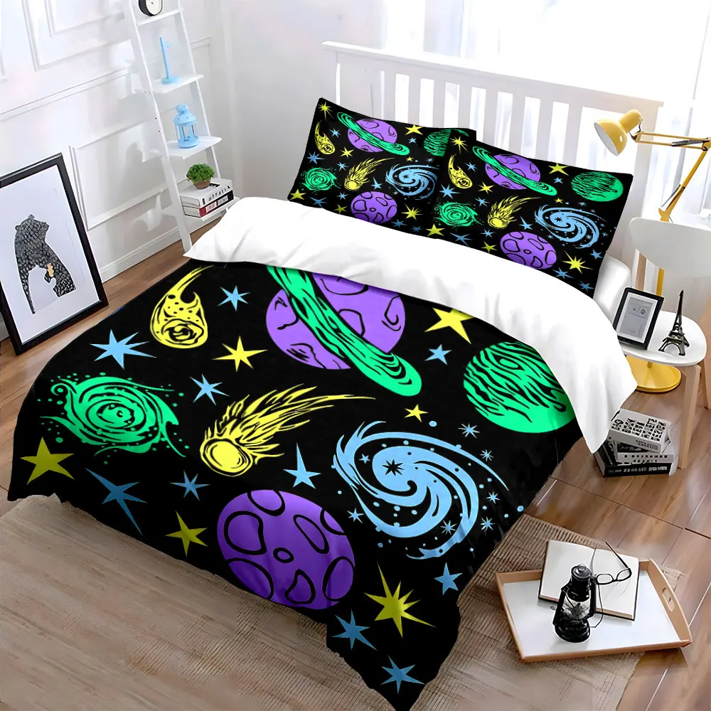 Colorful planets and cosmic elements Pattern Duvet Cover Set Digital Print Colorful Polyester Bedding with Zipper Closur