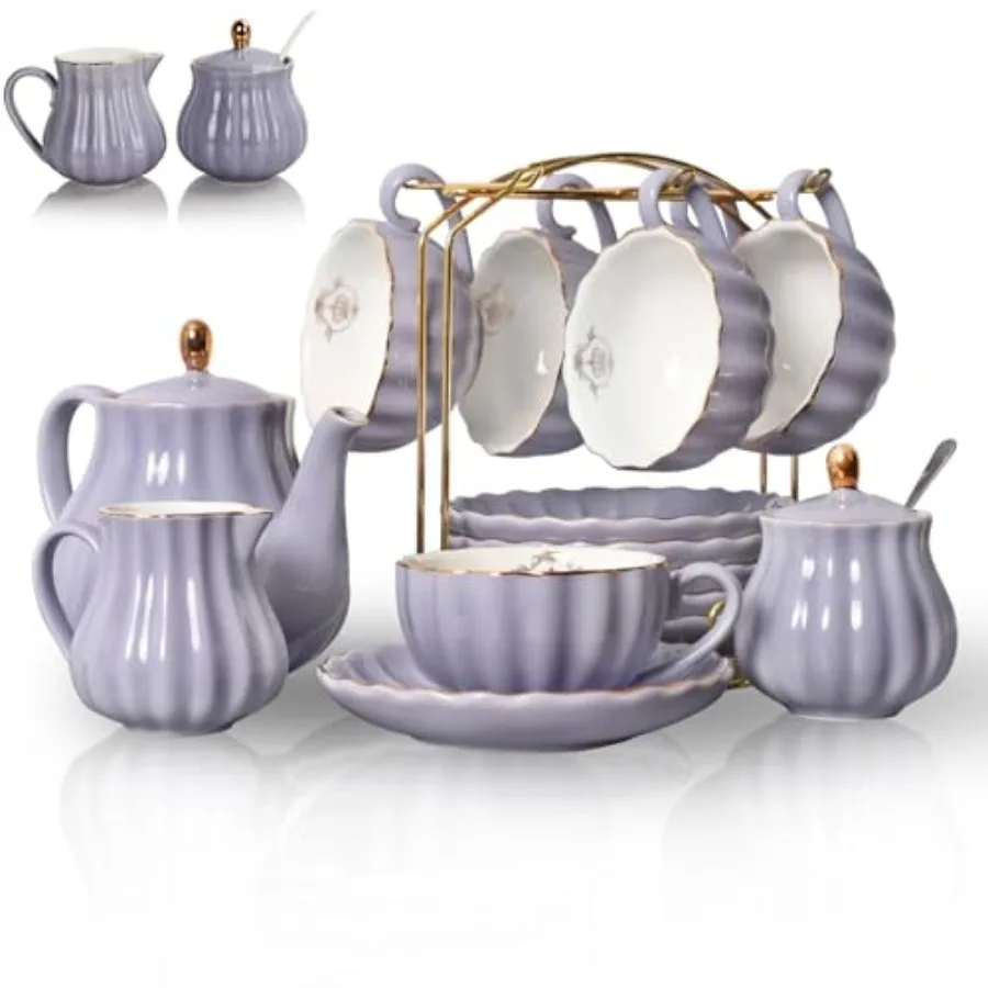 

Porcelain Tea Sets British Royal Series, 8 OZ Cups and Saucer Service for 6, with Teapot Sugar Bowl Cream Pitcher Teaspoons and