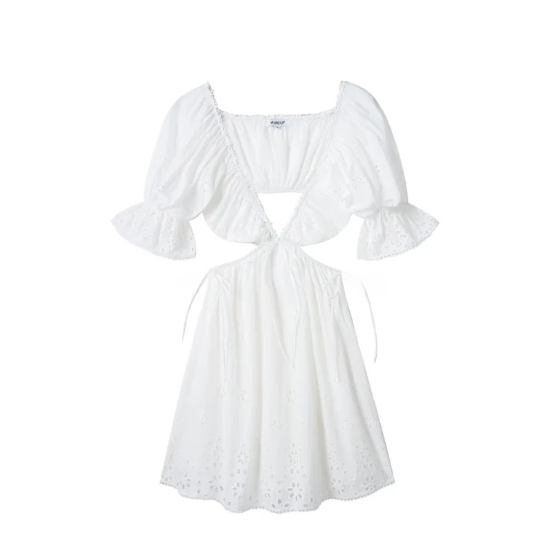 Sexy uitgehold ontwerp Pure kleur ort Dr Kanten rand Zwaar borduurwerk V Ne Hoge taille een lijnrok Street Sle Bubble S...