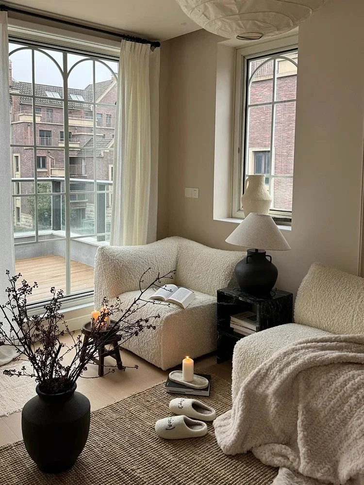Italian minimalist fabric sofa wabi-sabi wind business small apartment lamb wool Japanese large white