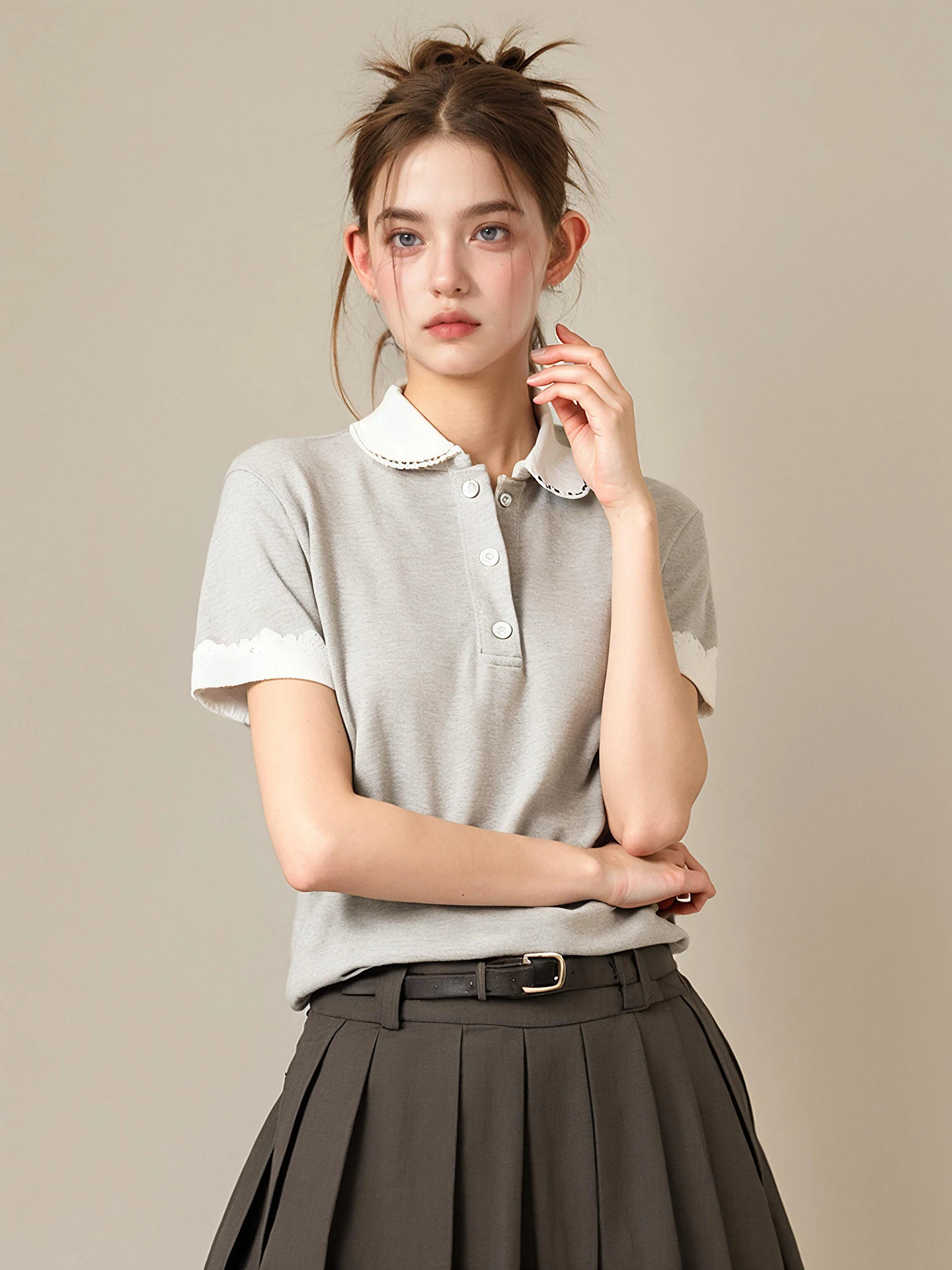 

HUAAPPUW Summer New Loose Slimming Women's T-shirt Short Sleeve Doll Collar Lace Trim Top Korean Style Commute Fashion