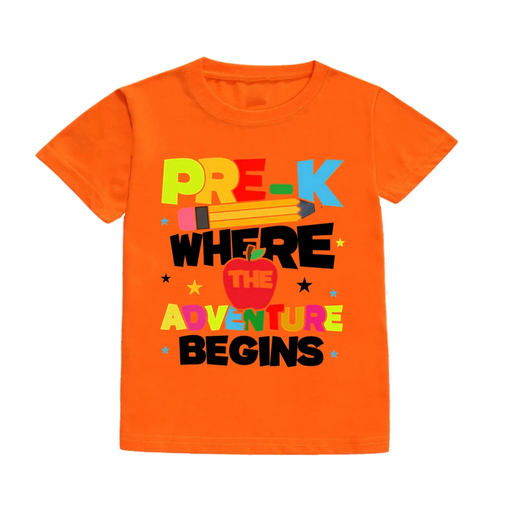 PRE-K WHERE THE ADVENTURE BEGINS Shirts Happy First Day of School Funny Tee Summer Casual Short Sleeved T-shirt