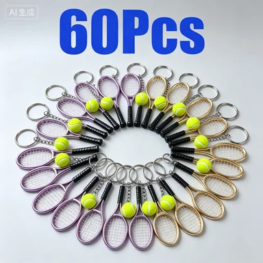 60Pcs Mini Tennis Racket Keychain with Tennis Ball, Sports Key Ring Bag Ornament, Tennis Lover Gift