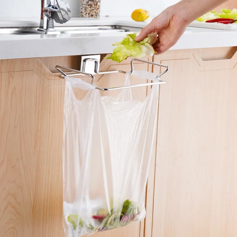 Kitchen Trash Rack Cabinet Door Garbage Bags Holder Stainless Steel Closet Garbage Storage Holder Garbage Bags Rack Holder