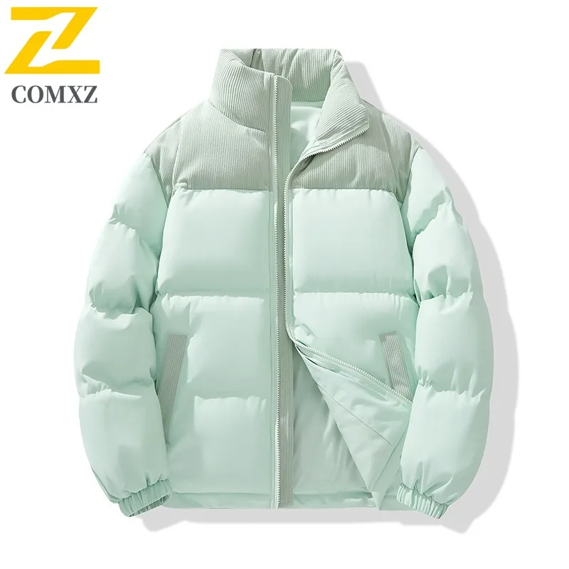 COMXZ 2025 Winter Thick Fleece Lined Mens Cotton Jacket Stand Collar Short Couple Coat Outwear tactics lightweight windbreaker
