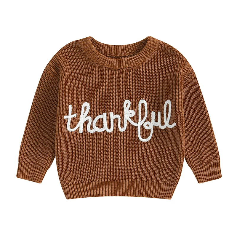 Baby Girls Boys Thanksgiving Knit Sweater Long Sleeve O Neck Letter Embroidery Pullover Knitwear