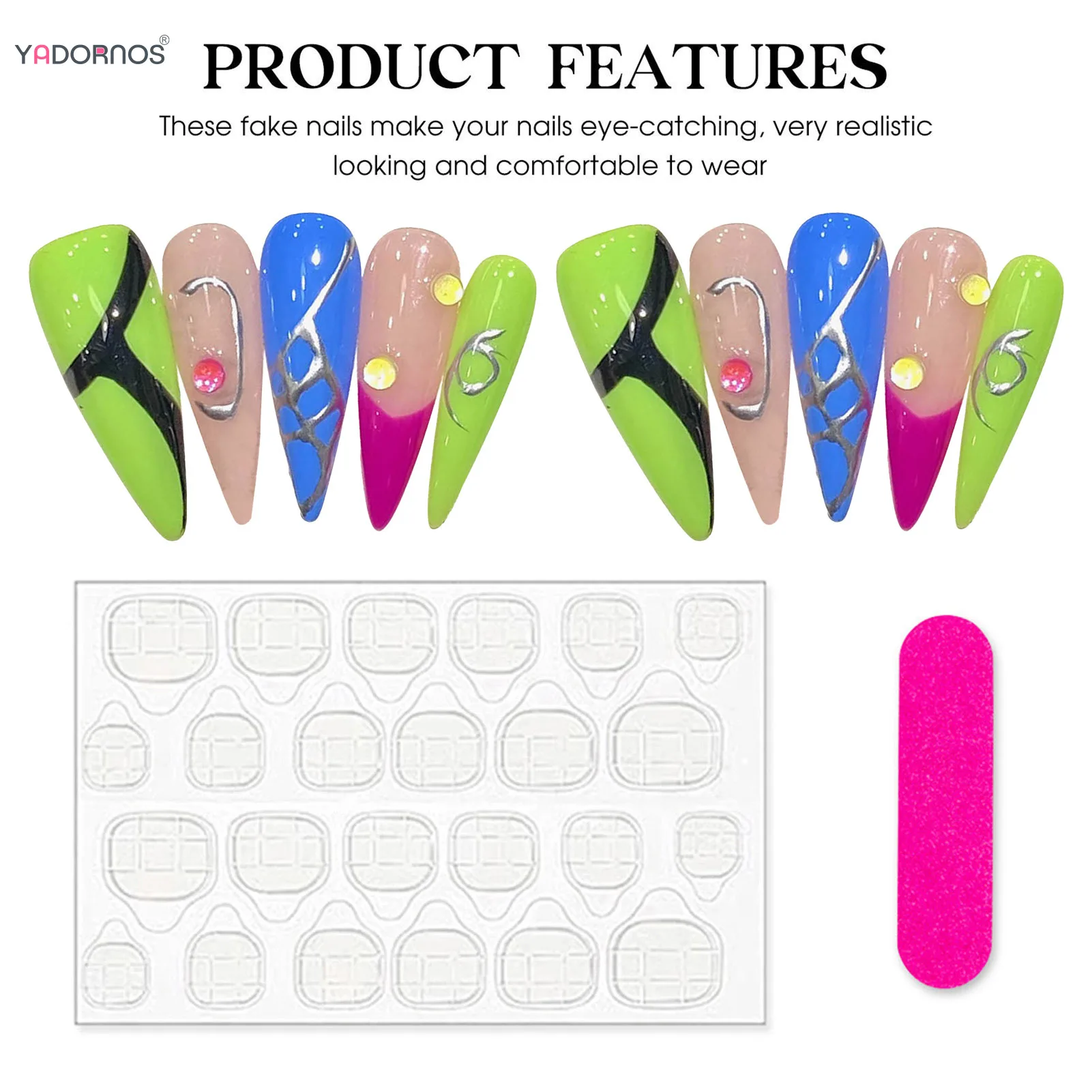 Uñas postizas hechas a mano, manicura de cobertura completa, estilo Punk, Stiletto largo, azul y verde, para vacaciones de verano