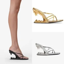 Ladies' Tiger Tooth Shaped Heel with Straight Strap, Cool Slippers, European and American Cross Strap, Toe Clip Fashion Shoes