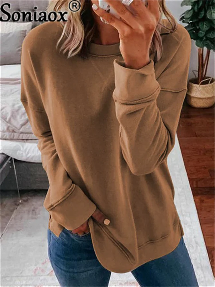 2022 Women New Autumn Winter Clothing Solid Color Casual Sweatshirt Long Sleeve Tops T-Shirt Ladies Round Neck Pullover Sweater