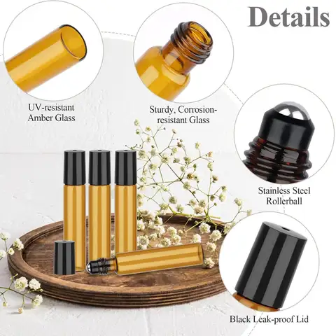 10 Pcs Amber Roller Bottles for Essential Oils Glass Roll On Bottles for Travel and Lip Gloss Empty Perfume Roller Ball