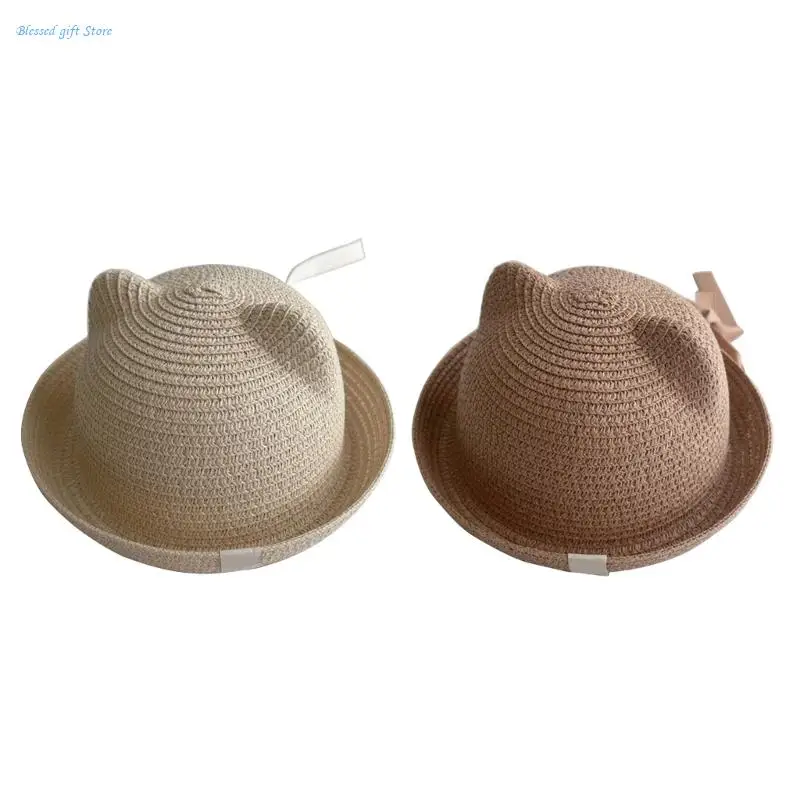 

Kids Straw Hat Lovely Ears Basin Caps Trend Chin Belt Designed Bucket Hat