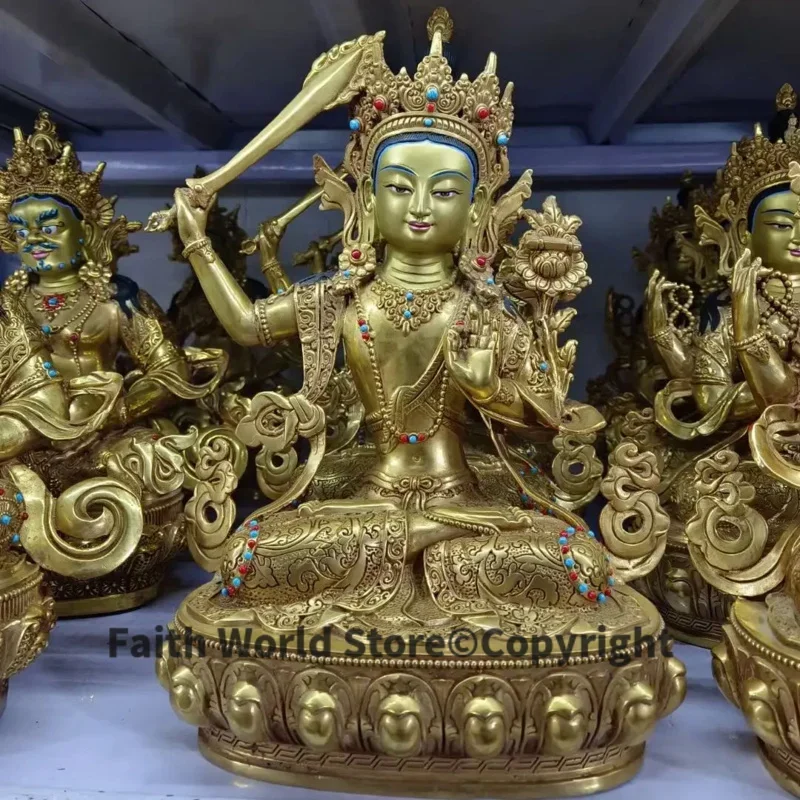 33cm large 2025 GOOD quality temple gilding Buddha Bodhisattva Manjusri copper statue HOME family safety effective protection