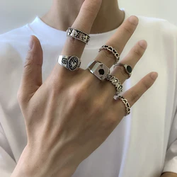Ethnic Heart Star Ring Set For Women Men Carved Hollow Vintage Retro Gothic Finger Rings Hip Hop Punk Rings Jewellery Party Gift