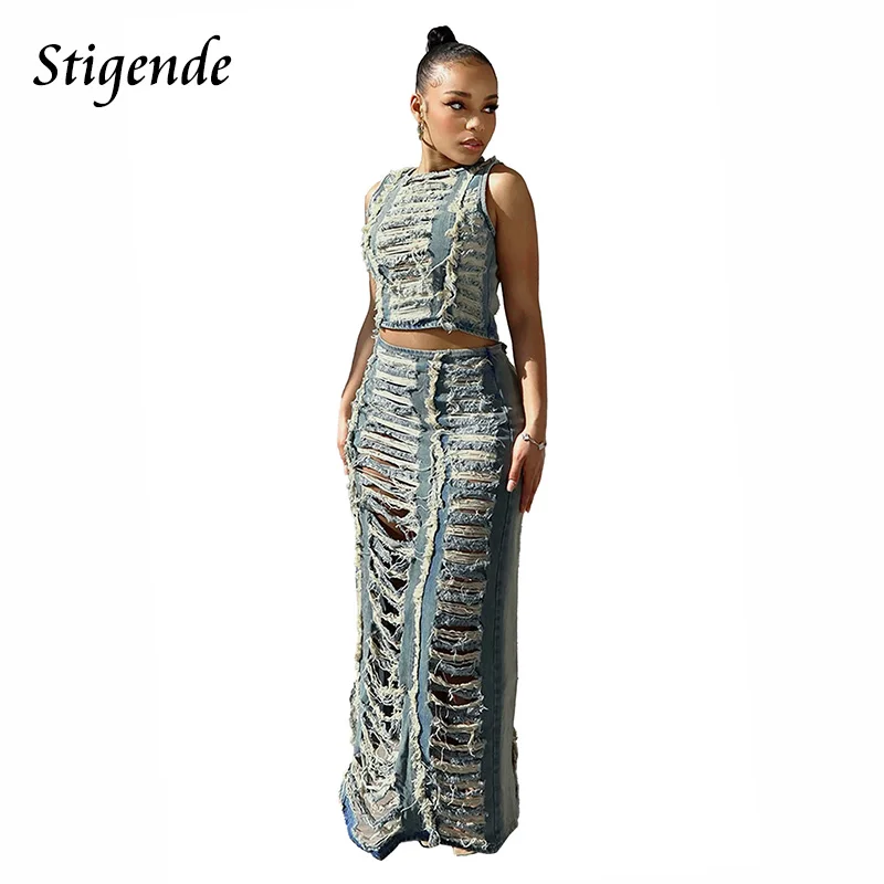 Stigende Women Denim Ripped Hole Two Piece Set Shredded Crop Top and High Split Jeans Skirt Sexy Hollow Out Streetwear Outfit