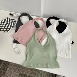 Solid Summer Tank Top Women 2023 Y2k Crop Top Halter Top With Built In Bra Corset Top Sexy Sleeveless Backless Vest Shirt Female