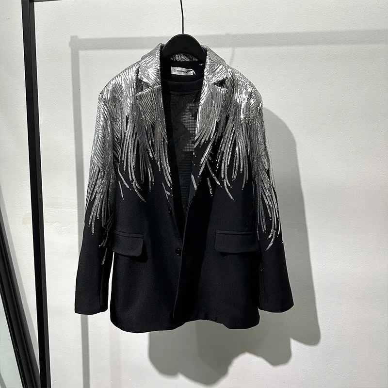 

Оригинальный дизайн SuperAen 2026: Новая коллекция весна-осень, черный пиджак свободного кроя с вышивкой и пайетками, повседневный блейзер