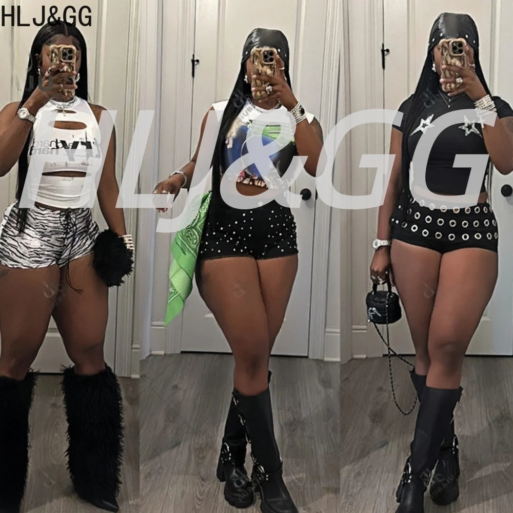 

HLJ&GG Fashion Y2K Letter Print Hollow Two Piece Sets Women Sleeveless Slim Crop Top And Tiger Bandage Shorts Outfits Streetwear