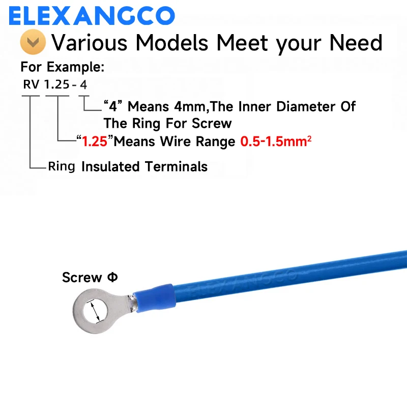 100Pcs RV1.25 Series Insulated Ring Crimp Terminal Electrical Wire Connector For 22-16 AWG 0.5-1.5mm Cable
