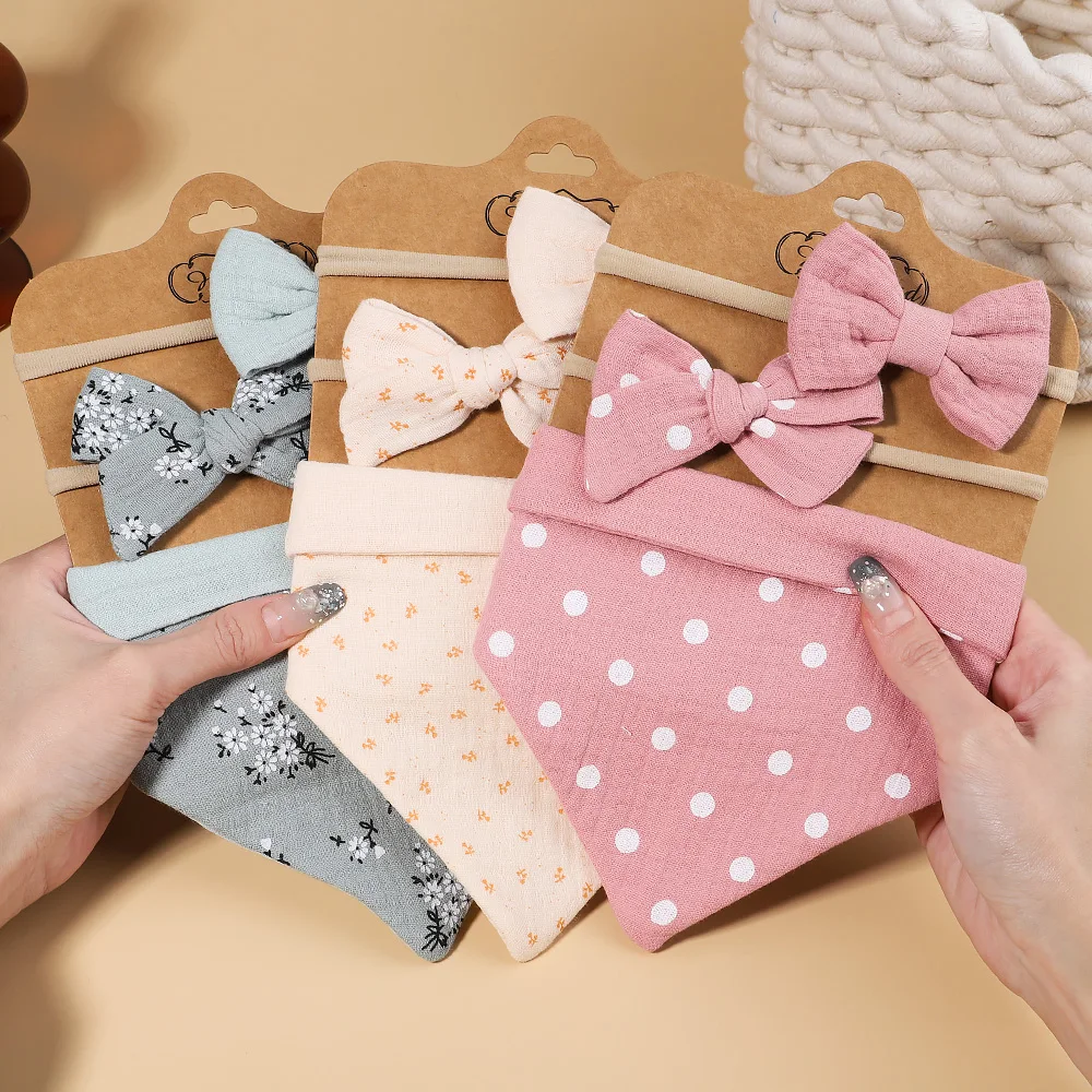 3Pcs/Set Muslin Cotton Print Bib Newborn Bows Headband Triangle Saliva Towel Infant Boy Girl Feeding Burp Baby Hair Accessories