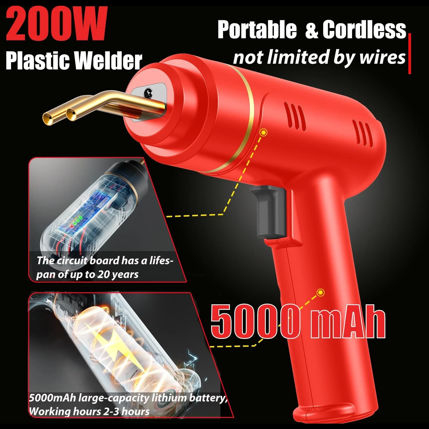 200W Cordless Plastic Welder Plastic Weld Kit with 4 Tpyes Hot Staples Plastic Welding Machine Tool 5.0Ah Rechargeable Battery