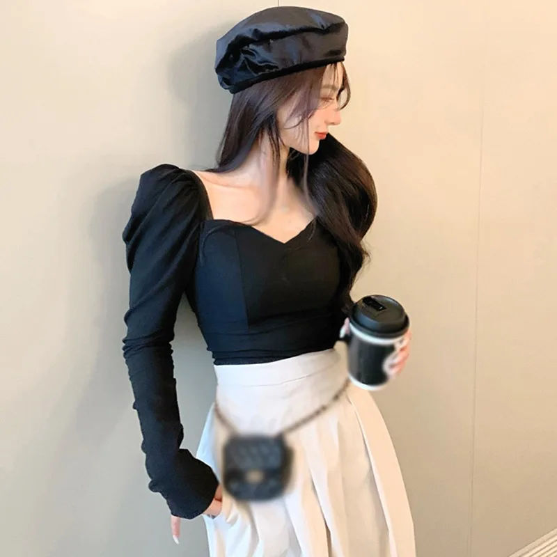 Autumn Women Vintage Elegant Shirts  Puff Sleeve Square Collar Blouses Office Lady Korean Black Chic Slim Casual All Match Tops