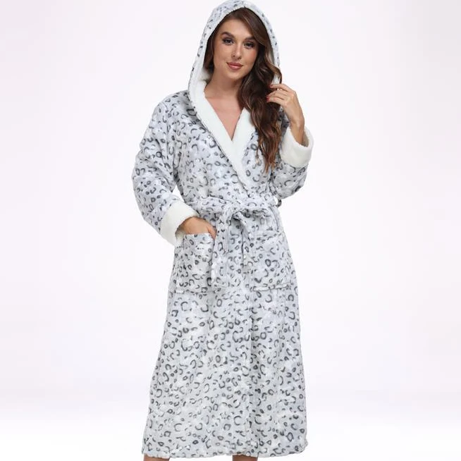 

Осень-зима женская одежда для сна домашнее платье утепленный фланелевой длинный халат с капюшоном кимоно халат сексуальный леопардовый пеньюар домашняя одежда