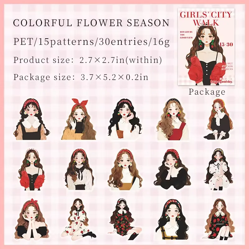 30Sheets PET Sticker girls urban travel fashion figures Flower Season account materials Package Supplies Scrapbook cut 144*95mm