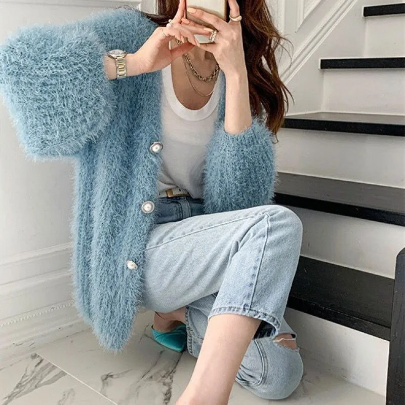 Autumn Furry Sweater Coat Tops Women Knitted Long Sleeve Ladies Cardigans Coats Fashion Casual Loose Woman Coat Tops 2023
