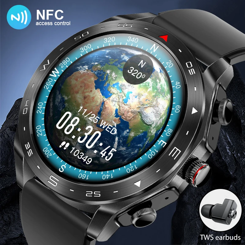 

NFC-гарнитура Смарт-часы 2в1 TWS Беспроводные наушники Музыкальный звонок Мужские умные часы с наушниками Монитор здоровья Водонепроницаемые спортивные часы