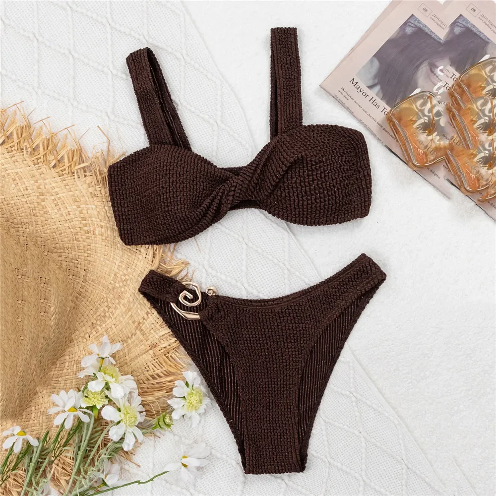 

Coffee Front Tie Cross Bandeau Bikinis Sets Woman 2025 Metal Ring Push Up Swimwear Sexy Swimsuit Women High Cut Bather Bikini
