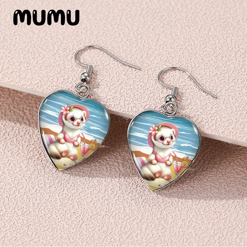 2025 New Ferret Dangle Earring Heart Shaped Earrings Handmade Glass Dome Jewelry