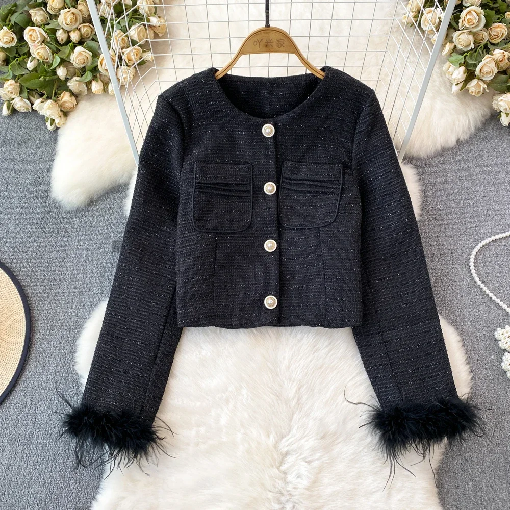 KUSAHIKI Elegant Short Coat Women 2023 Autumn Winter New Fashion Fur Patchwork Long Sleeve Caridgan Tops Causal Chic Jackets