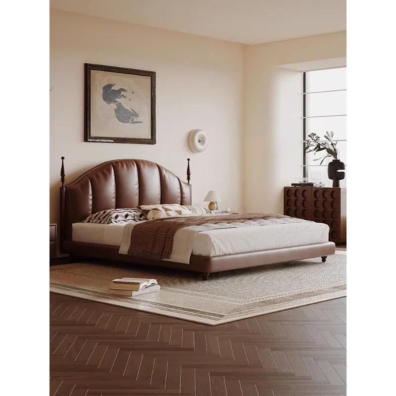 

French retro leather bed antique oil wax leather bed light luxury master bedroom first layer cowhide double bed
