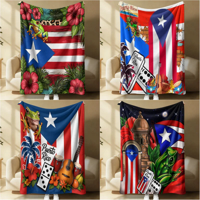Tropical Hibiscus Puerto Rico Flag Coqui Frog Flannel Throw Blanket Soft Warm Cozy Blanket for Sofa Bed Travel Home Office Gift