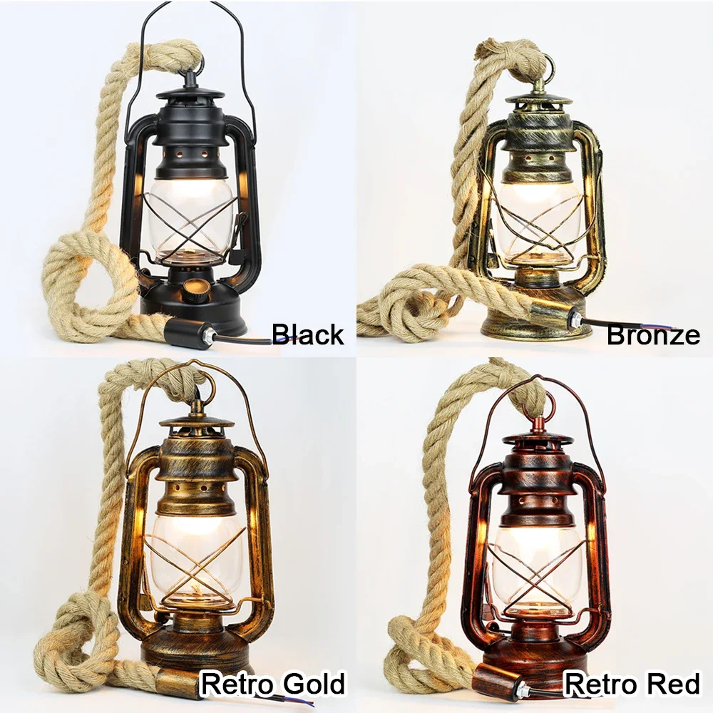 Retro Kerosene Pendant Light Fixture Hemp Rope E27 AC110V 220V Ceiling  Lamp Living Room For Home Decor Vintage Hang 