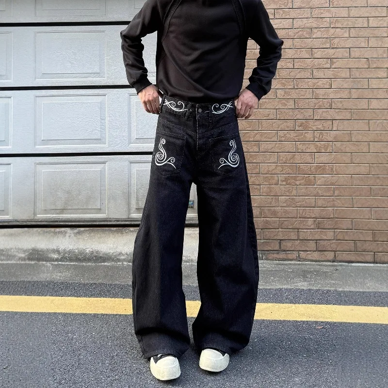 กางเกงยีนส์คาร์โก้ทรงหลวมแบบยูนิเซ็กซ์ ปักลายคลื่น สินค้าใหม่ปี 2025 กางเกงขายาวทรงกว้างสไตล์อเมริกันลำลอง ฮิปฮอป ยีนส์เดนิม กางเกงทำงาน