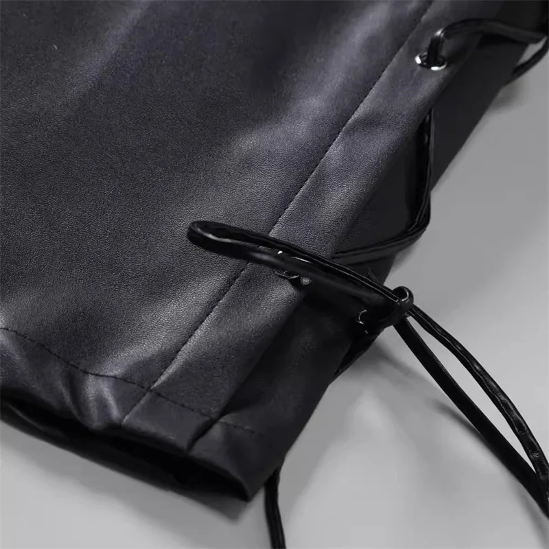 2024 Fashion High Street Male Hot Loose Faux Leather Pants Unique Design Tied Casual Trousers