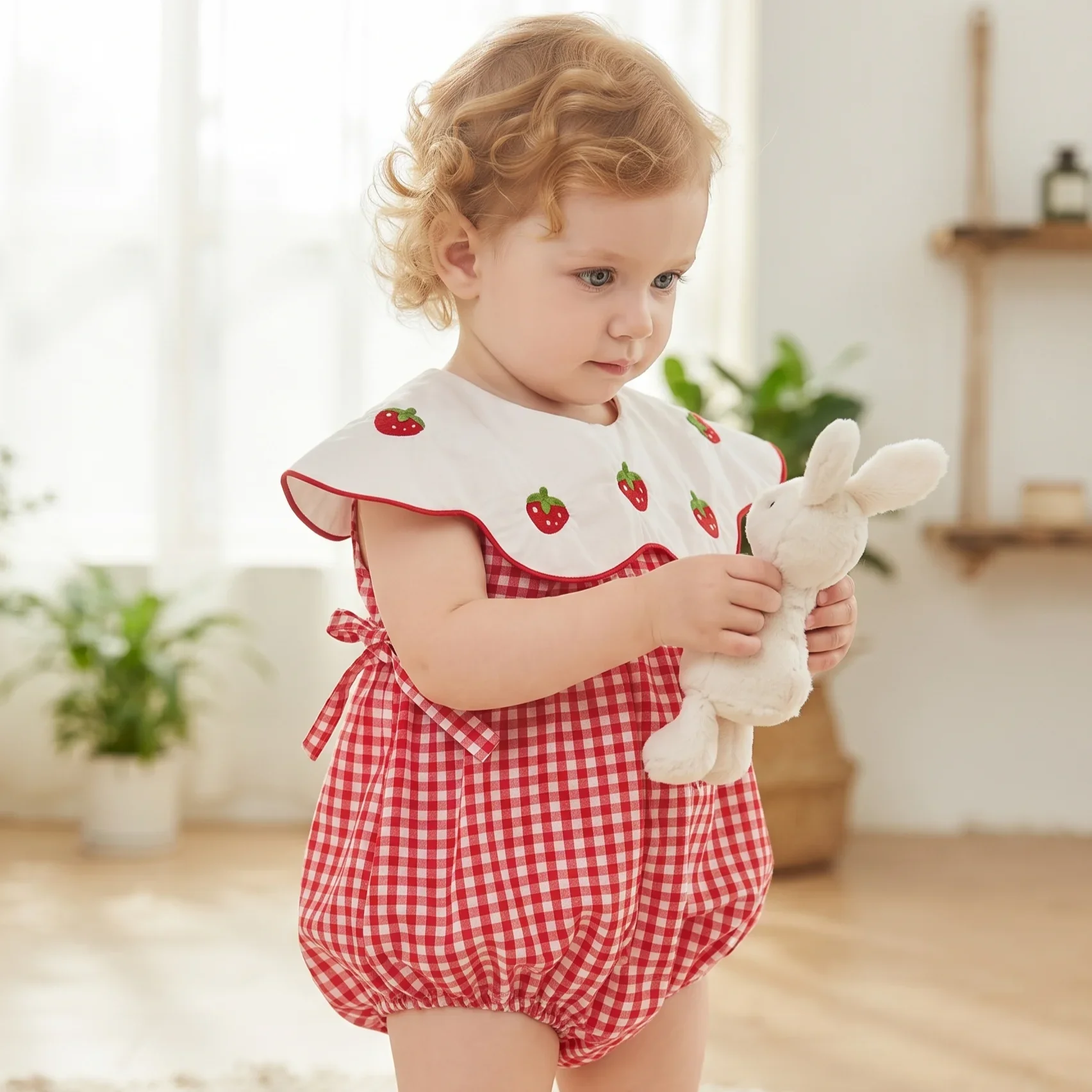 Cute Baby Grid Bodysuit Summer Thin Newborn Baby Peter Pan Collar Pure CottonTriangle Jersey Summer Fruit Print Clothes 0-18M