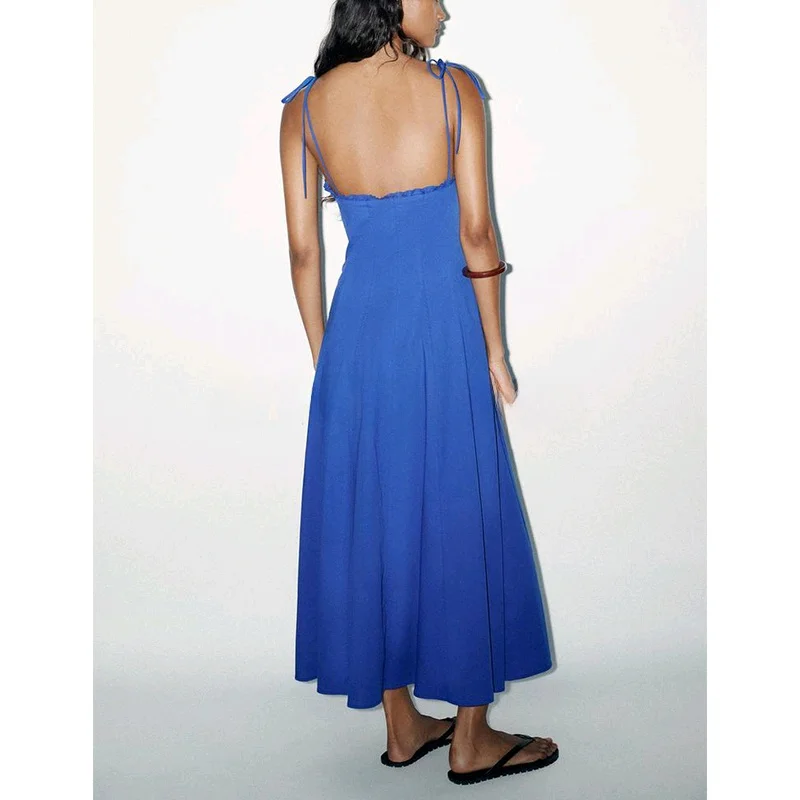 Vestido Midi E de Verão com Decote em V e Decorações em Camadas, Laço de Borboleta em Seda, Vestido F com Saia ...