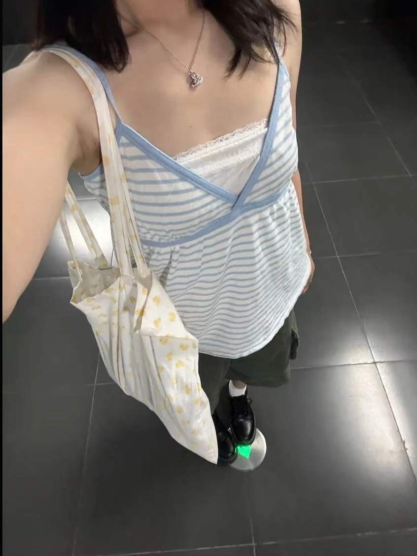 Vintage Blue White Striped Neck Camisole Women Spaghetti Strap Empire Waist Babydoll Sleeveless Top Y2K Kawaii Casual Swing Tank