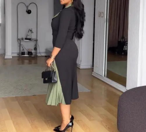 

Womens Dresses 2025 Spring New Elegant Commuting Contrasting Color Waist Cinching Pleated Patchwork Long Sleeve Casual Dress
