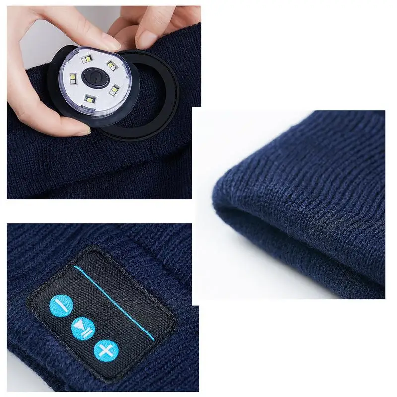 قبعة صغيرة مع ضوء للرجال والنساء، قبعة صغيرة لاسلكية LED للجنسين مع سماعة رأس للرجال والنساء والمشي والتخييم والمشي لمسافات طويلة