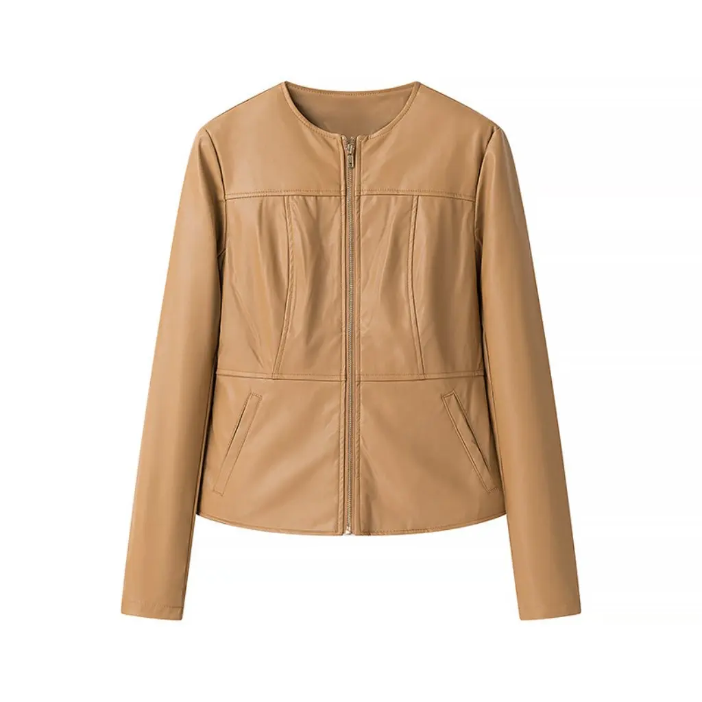 Primavera otoño Color sólido cuello redondo cremallera chaqueta de cuero ajustada estilo americano europeo ropa de abrigo de manga larga para mujer