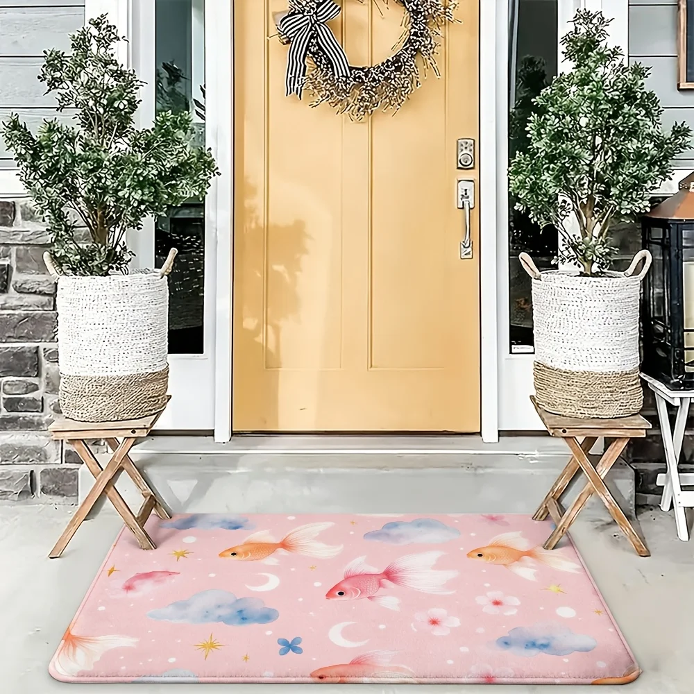 Whimsical Pink Fish Clouds Doormat for Entryway Home Decor Mat Soft Pastel Bathroom Rug Indoor Door Protector 40x60cm