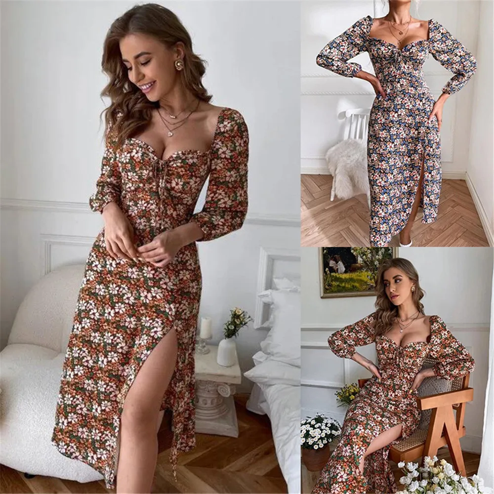 

TrendWomen'S Long Sleeve Split Dress, Sexy Printed, Square Neck, Over Knee, Leisure Commuter, Spring, Summer, New, 2022