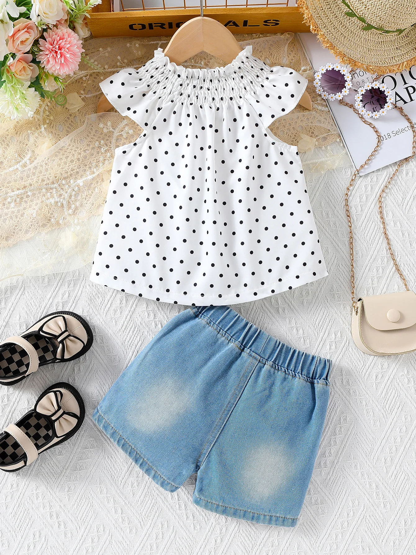 2PCS Summer Girls Set Folded Dot Fashion Top Sweet Girls Denim Shorts Vitality Versatile Baby and Child Clothing