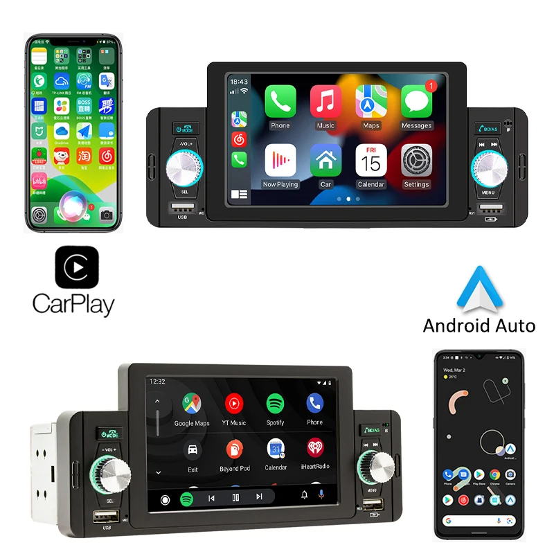 Radio con Bluetooth para coche, Apple CarPlay, 1 Din, 5 pulgadas pantalla, Android-Auto, manos libres, reproductor MP5, A2DP, USB, receptor FM,