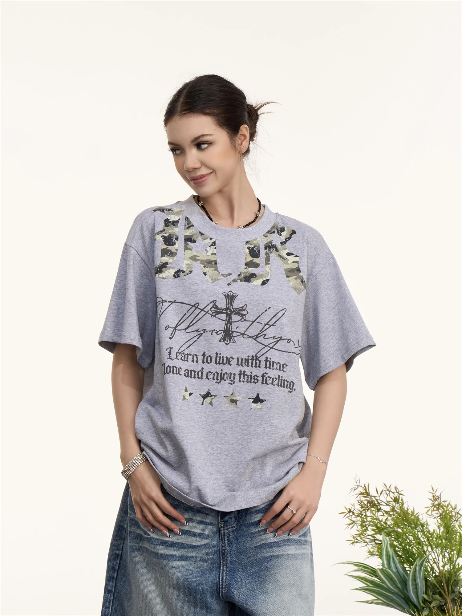 

American Style Loose Short Sleeve T-Shirt Women's Summer Slim round Neck Print Camouflage Letter Top Fashionable Casual Cotton