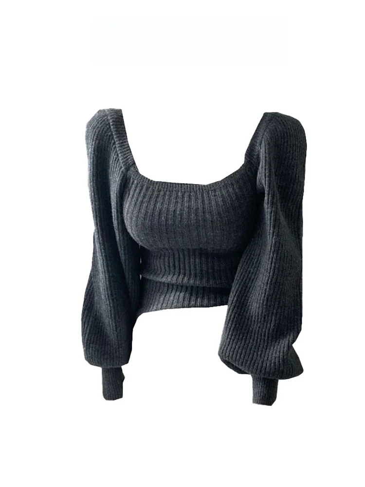 

Свитер Bubble Sve в стиле ретро с квадратным воротником, женский вязаный топ, осень-зима, новый удлиняющий свитер на ключице